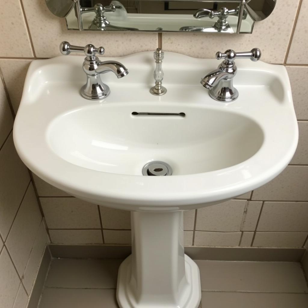 A stunning white pedestal art deco sink with chrome fixtures in a classic bathroom.