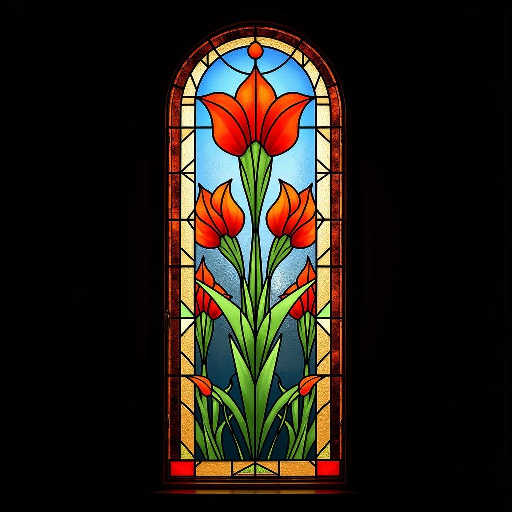 Art Deco Stained Glass Window with Floral Design