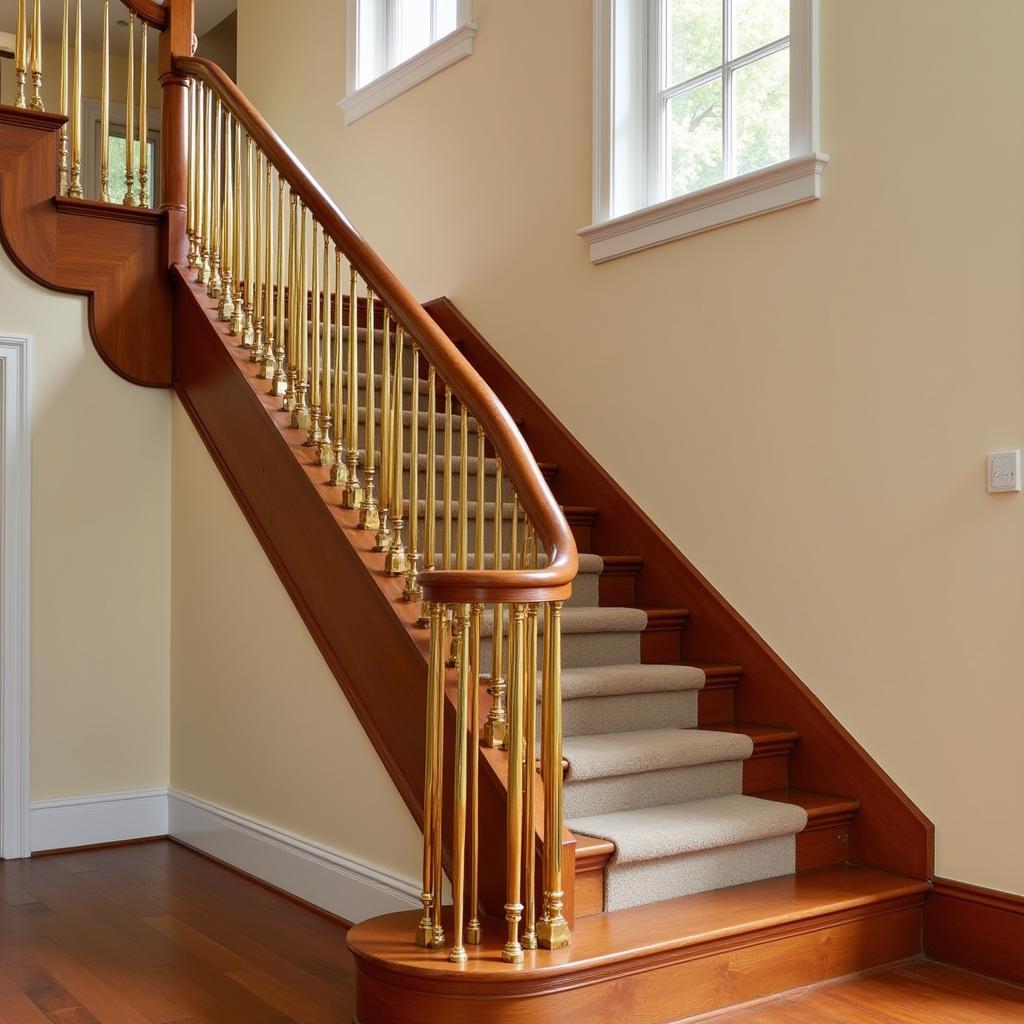 Art Deco Stair Railing with Brass and Wood Combination