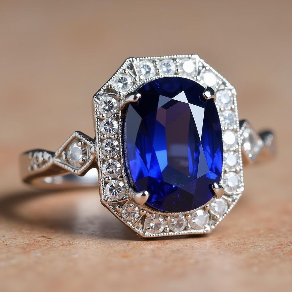 Art Deco Vintage Sapphire Ring with Platinum Setting and Diamond Accents