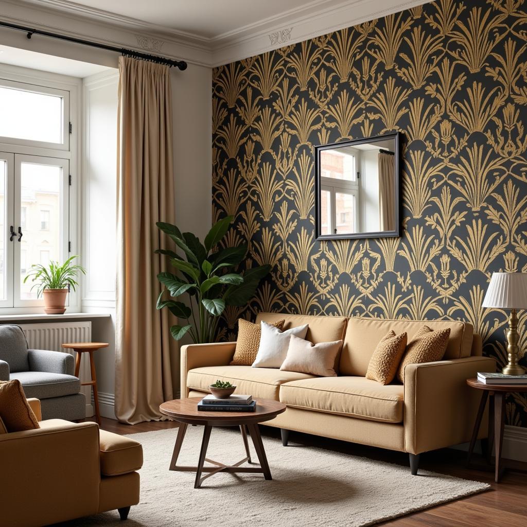 Art Deco Wallpaper Used as an Accent Wall in a Living Room