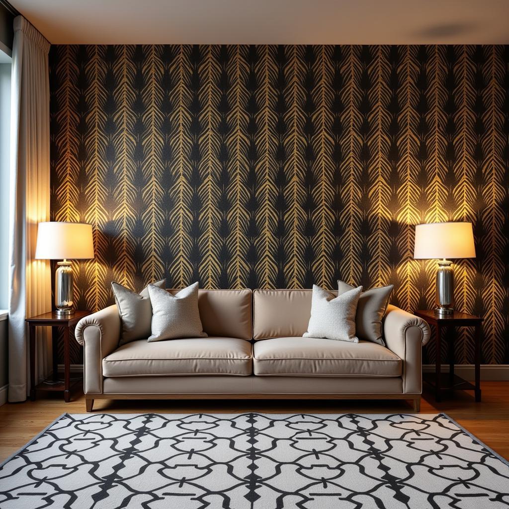 Art Deco metallic gold peel and stick wallpaper in a living room