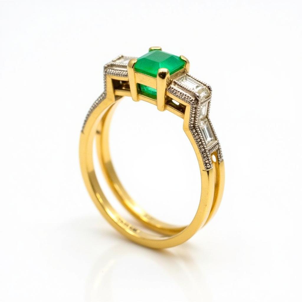 Art Deco Wedding Set with Emerald and Yellow Gold