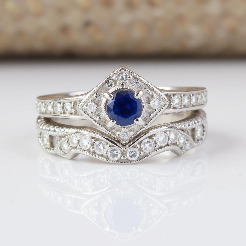 Art Deco Wedding Set with Sapphire and White Gold