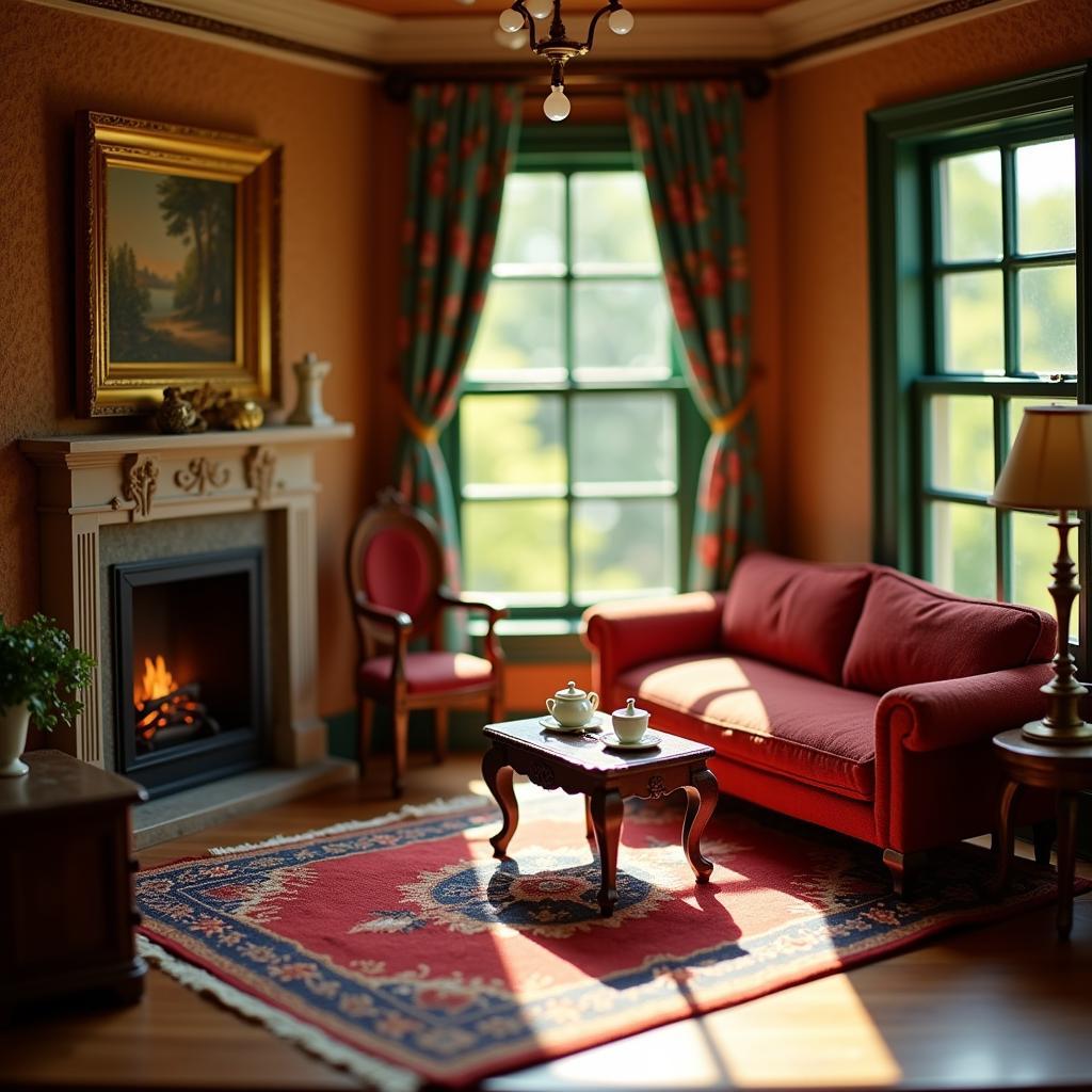 Detailed view of a dollhouse living room interior, showcasing miniature furniture and accessories