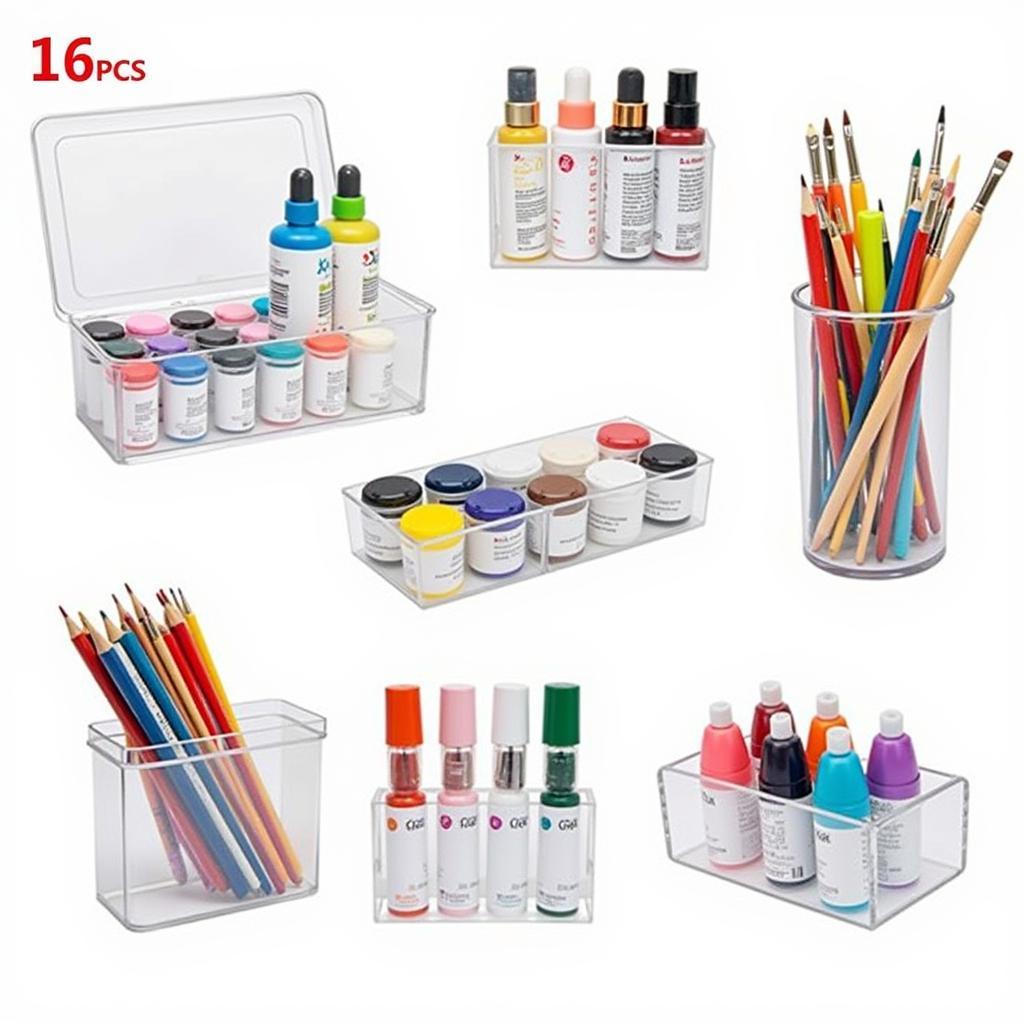 Art dot storage containers filled with various art supplies like paints, brushes, and markers