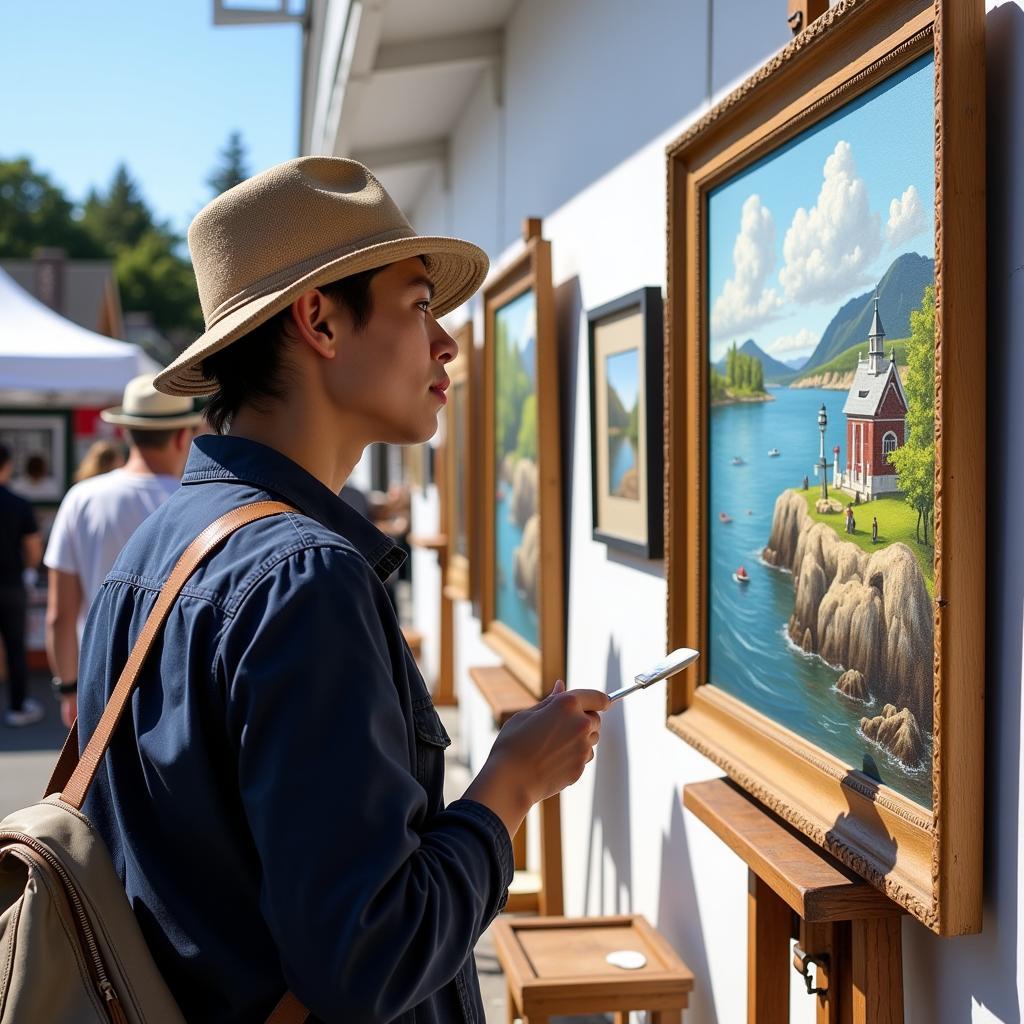 Art Enthusiast Admiring a Painting at a Waterfront Festival