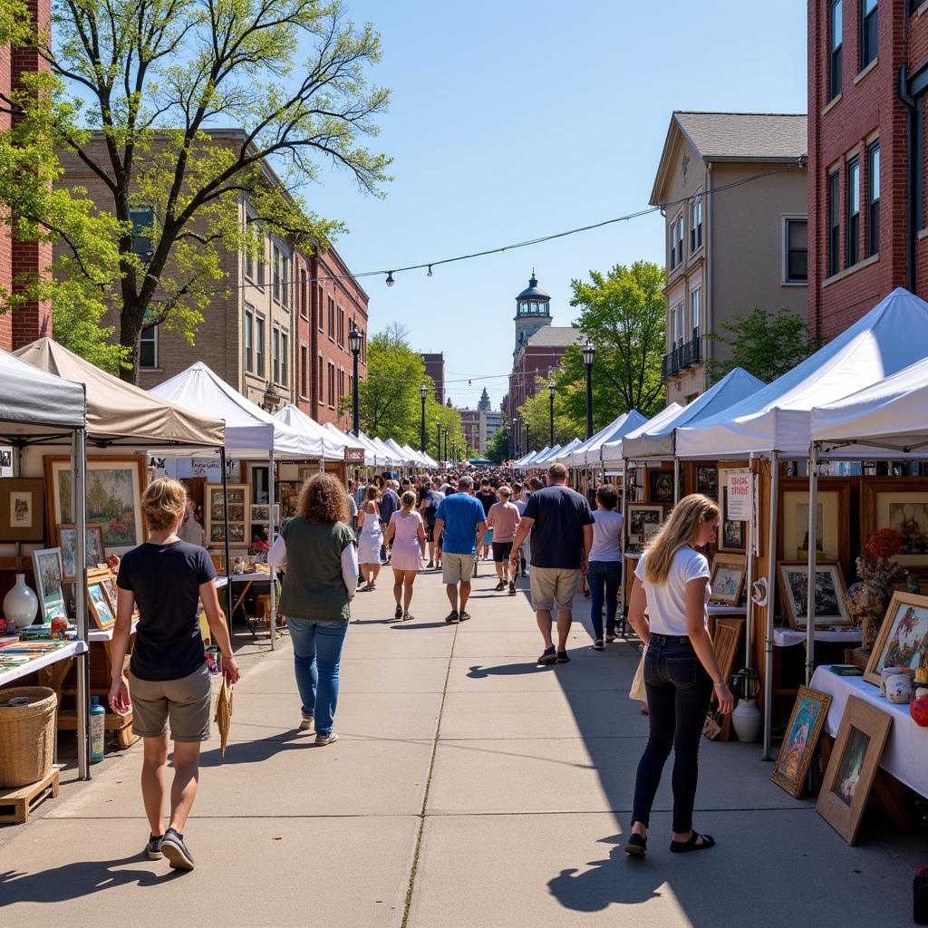 An overview of the Art Fair Michigan City, showcasing the diverse range of art and the bustling atmosphere.