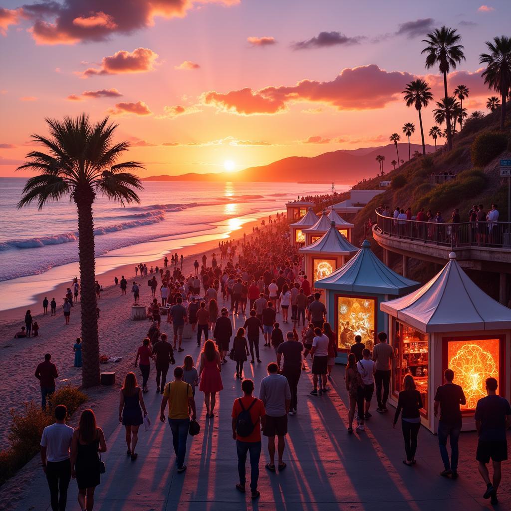 Crowds enjoying art at sunset on the beach