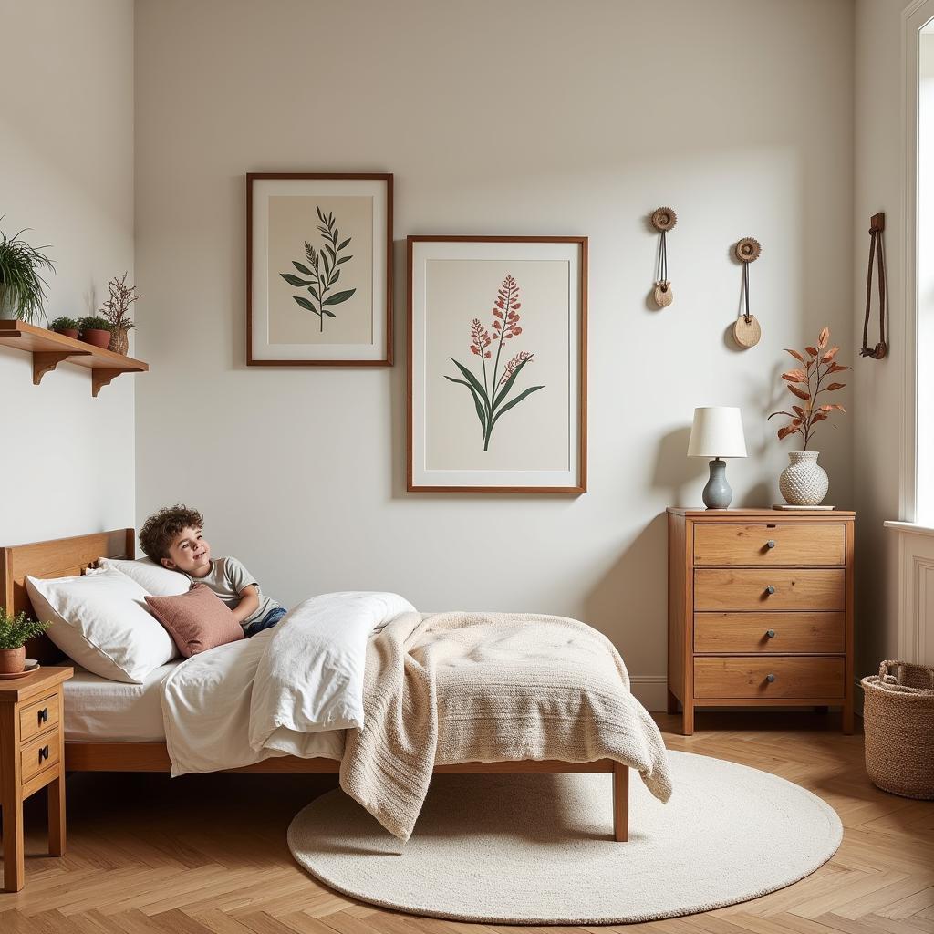 Nature-inspired decor in a child's bedroom featuring botanical prints, wooden accents, and soft textures.