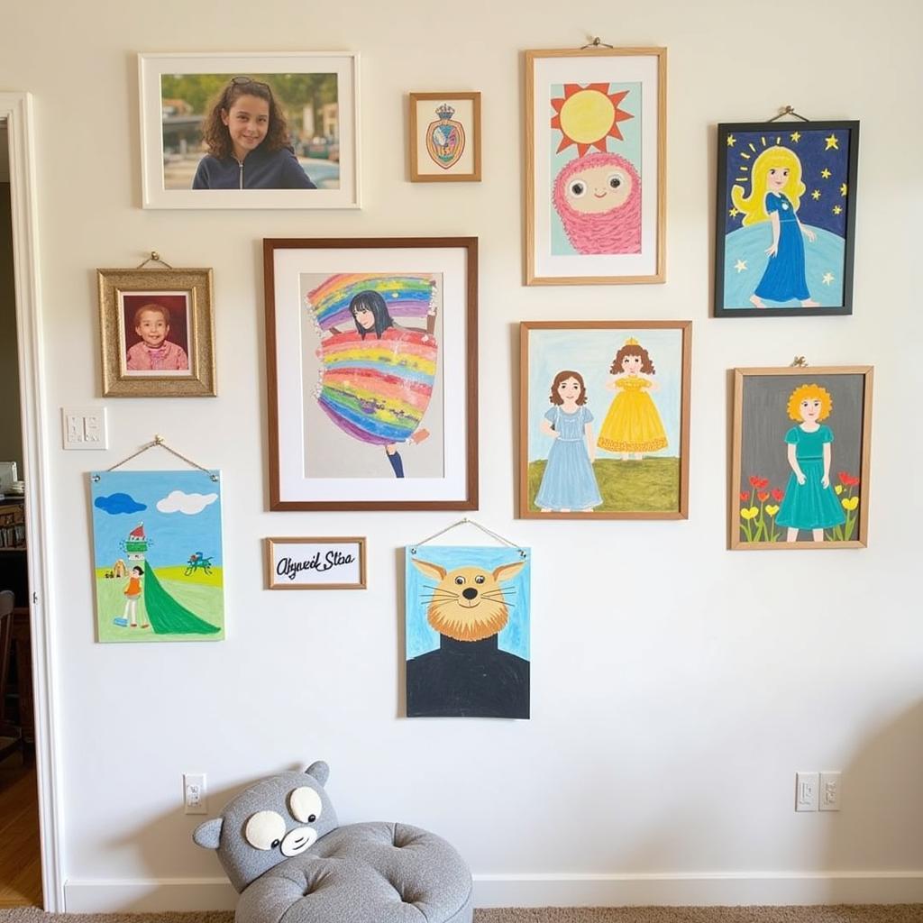 Personalized gallery wall in a child's bedroom showcasing their artwork, photographs, and favorite characters.