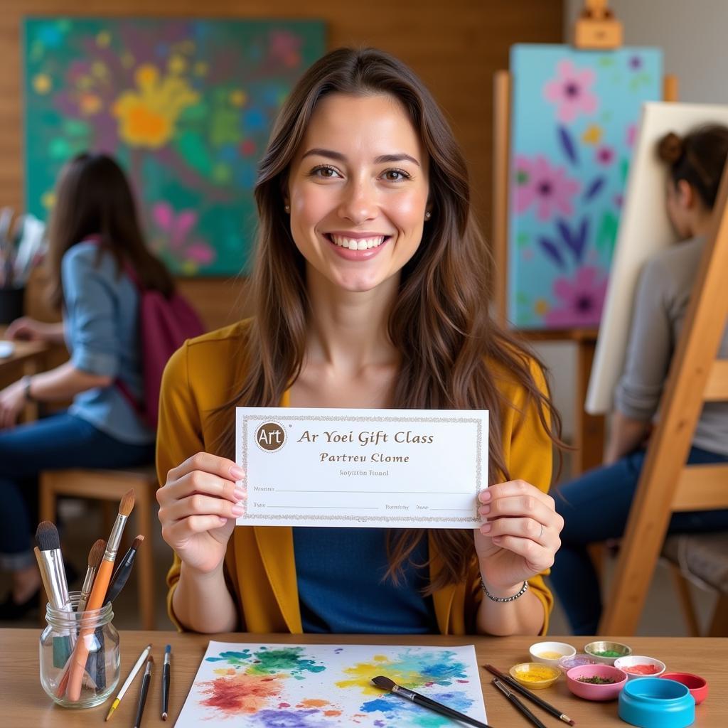 Woman receiving art gift certificate for a painting class