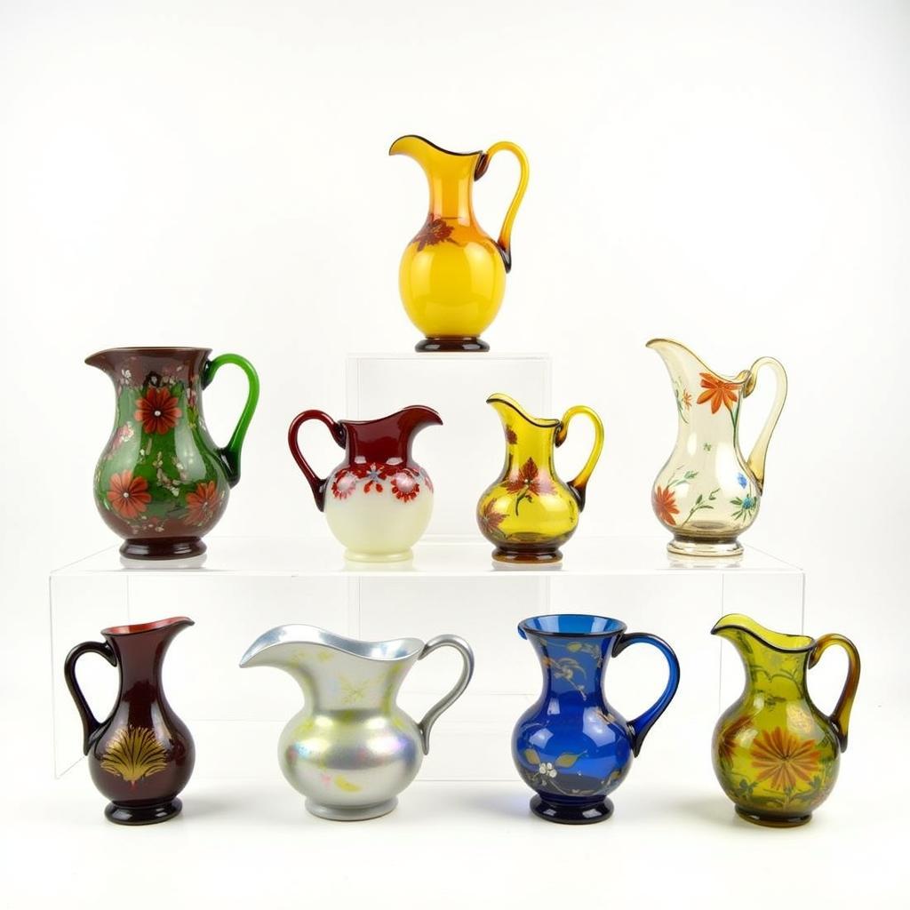 Showcase of different styles and colors of art glass pitchers