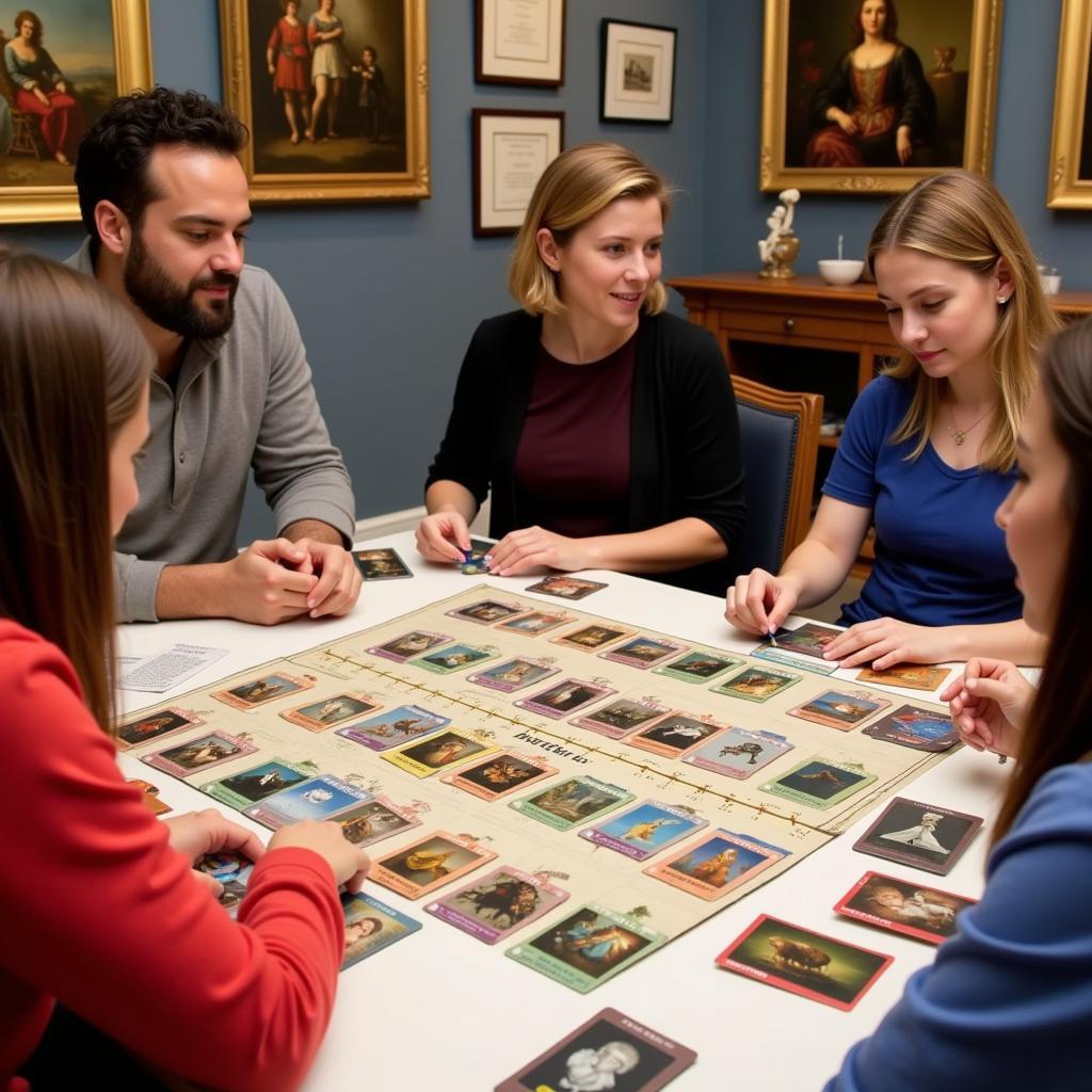 Players engaging with an art history board game, collecting cards and identifying masterpieces.