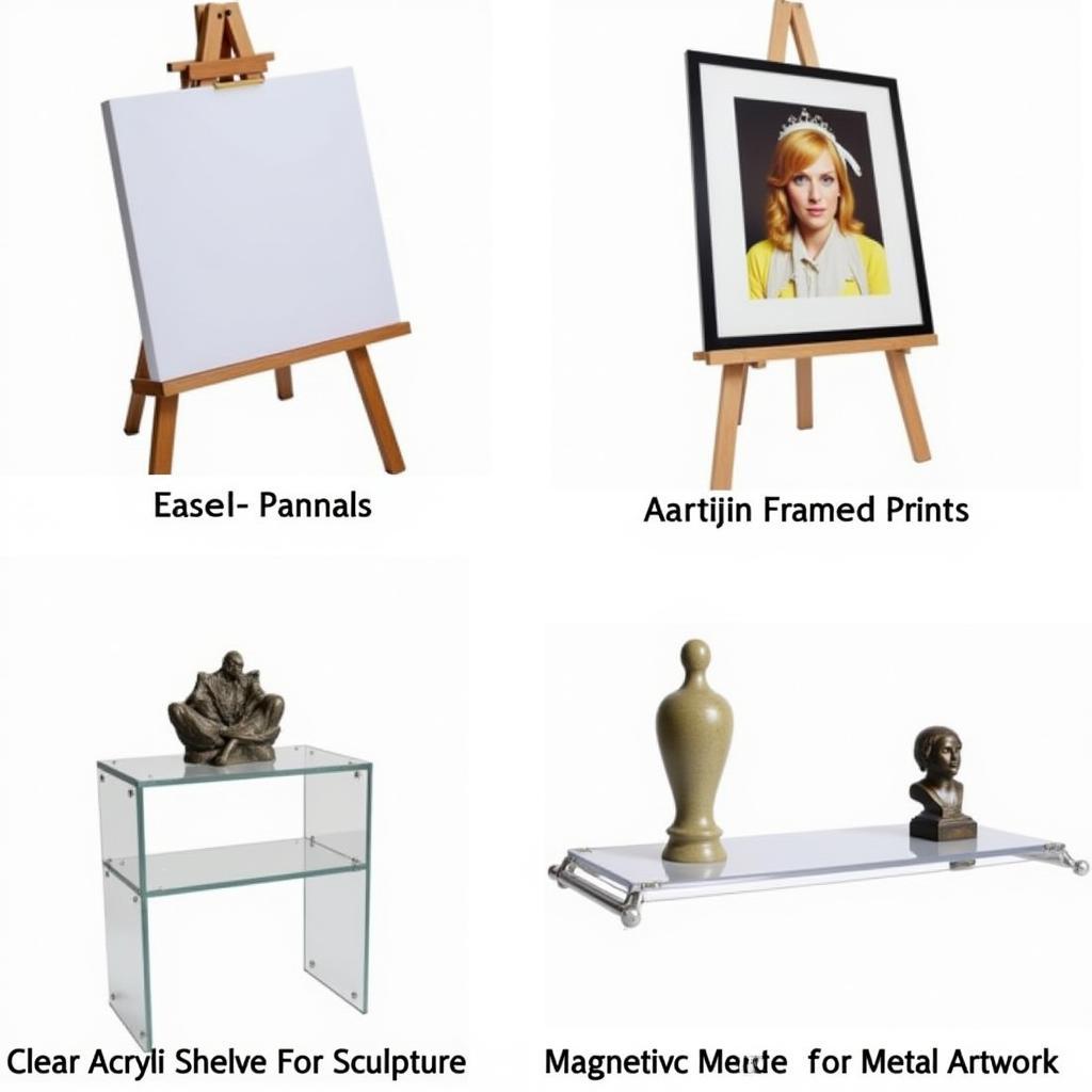 Various art holders displaying different art forms