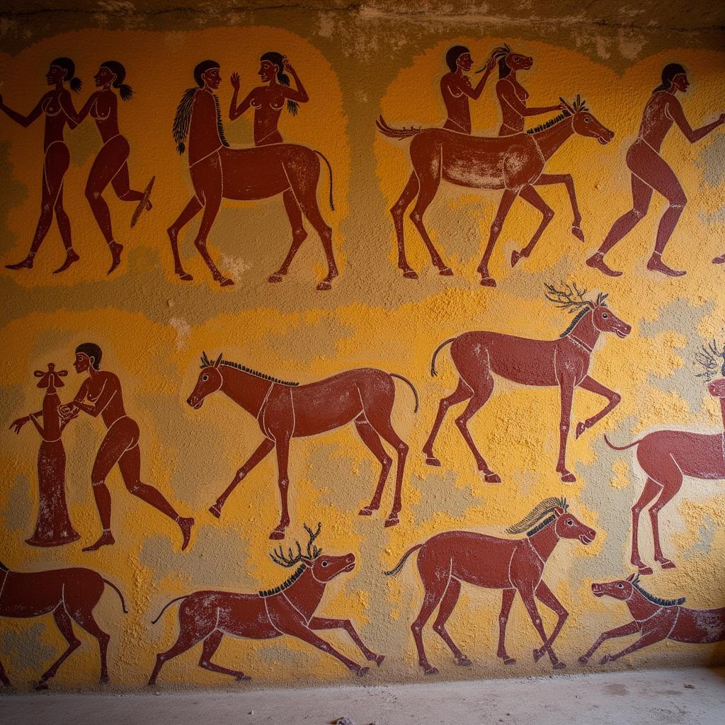 Cave paintings depicting hunting scenes and social rituals: An early example of art reflecting societal values and beliefs.