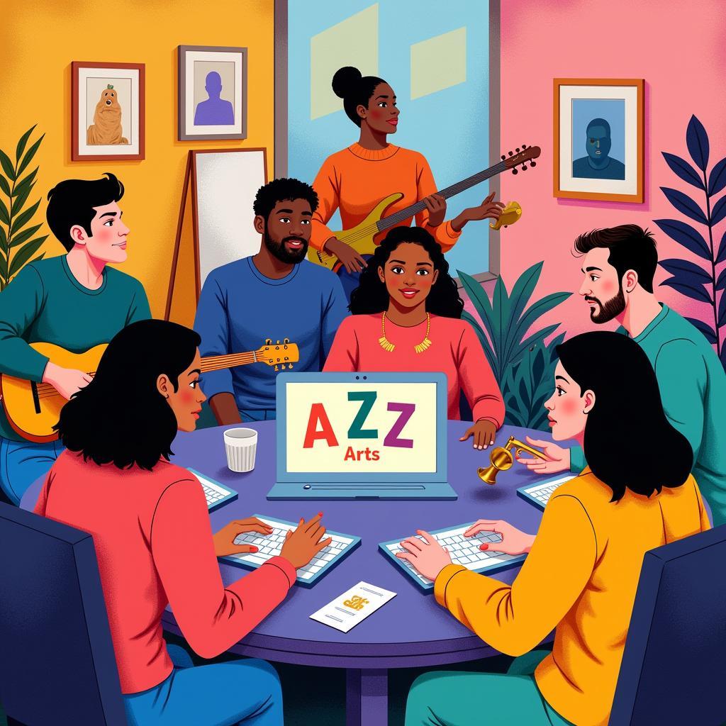 Art and Jazz Online Community: A diverse group of people connect online, sharing their passion for art and music through a virtual platform.