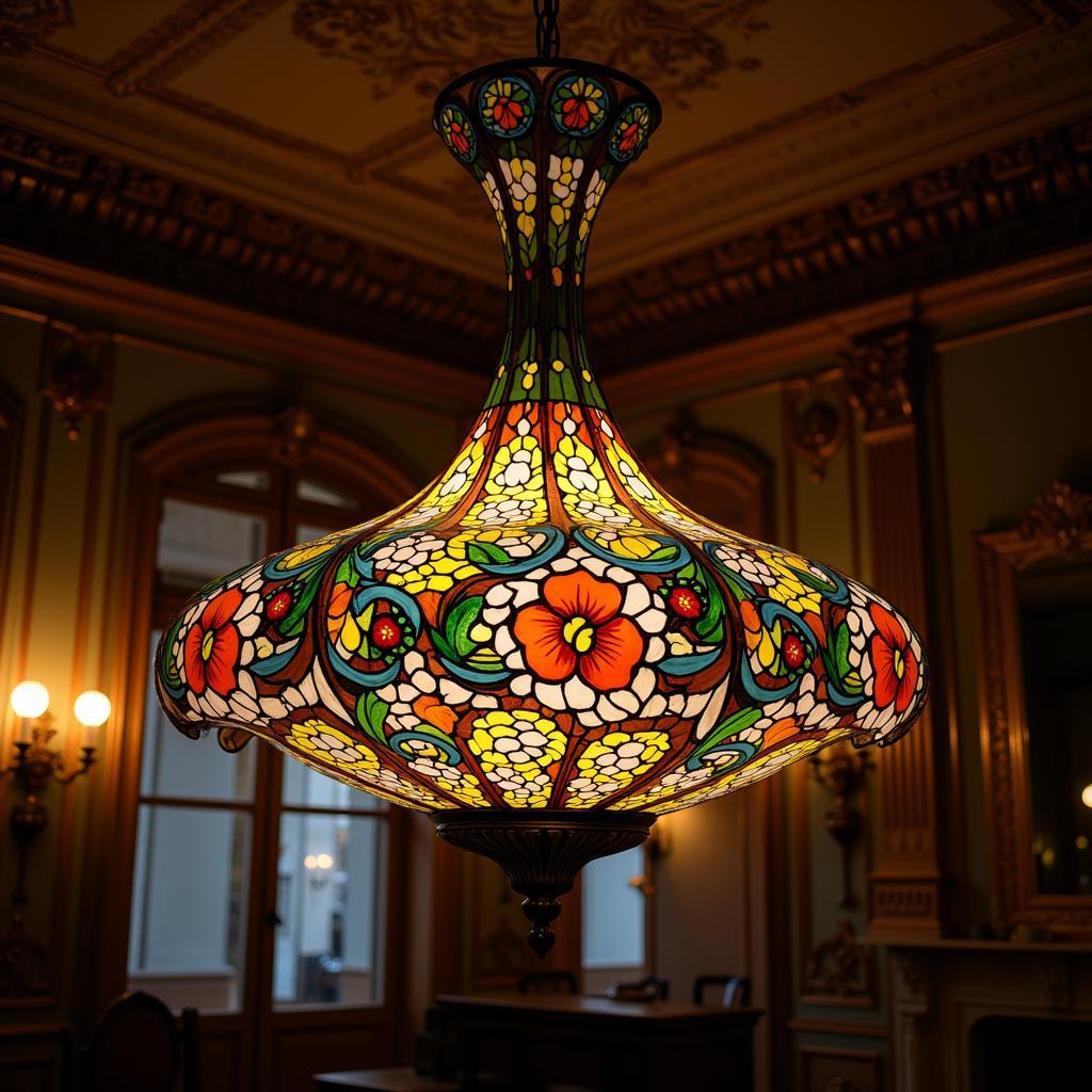 Art Nouveau Chandelier with Colorful Art Glass