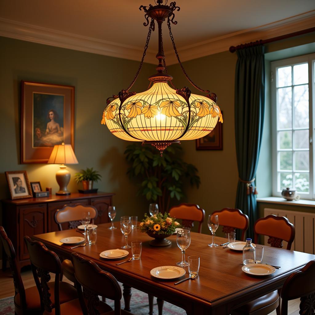 Art Nouveau Chandelier illuminating a dining room