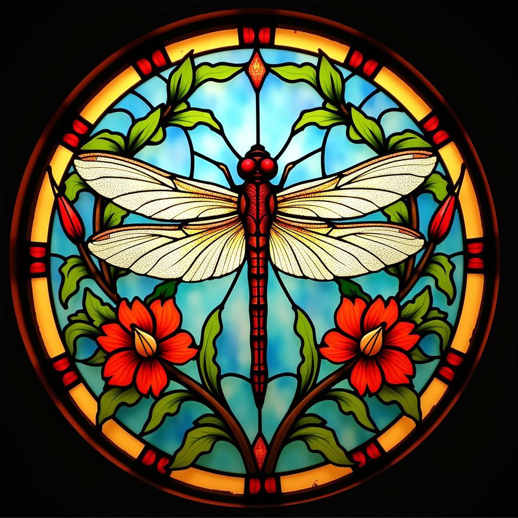 Art Nouveau Stained Glass Window Featuring Dragonfly Design