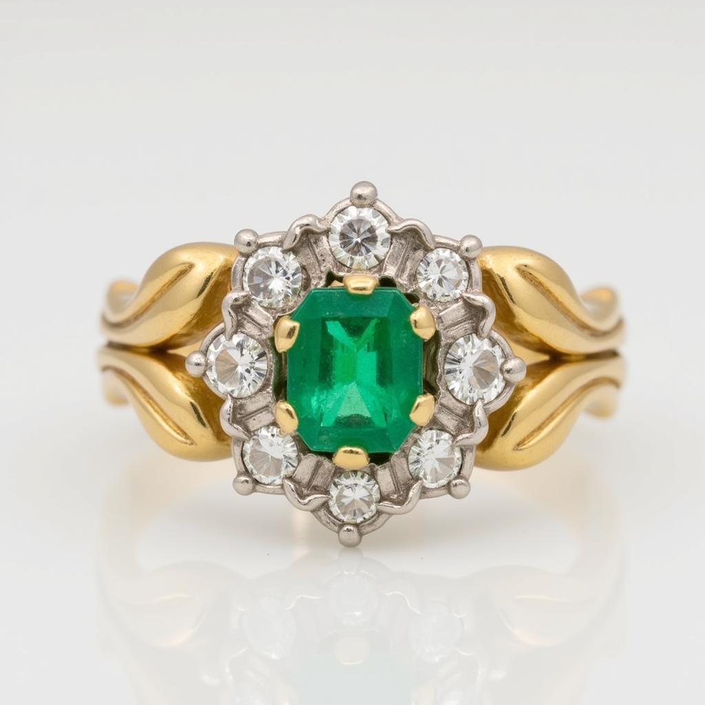 Art Nouveau Engagement Ring with Emerald and Diamond Accents