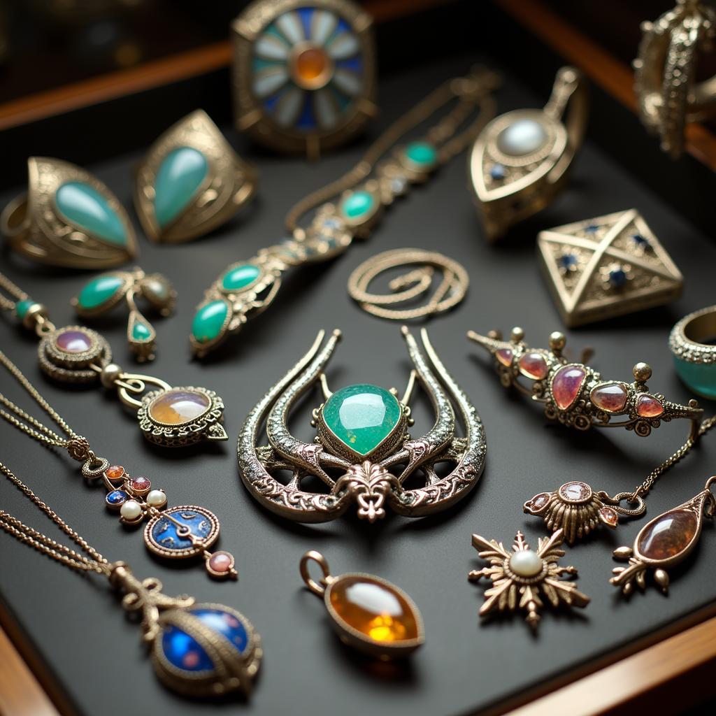 Art Nouveau jewelry gifts like necklaces, earrings, and brooches, showcasing intricate floral and insect motifs crafted from silver and enamel.