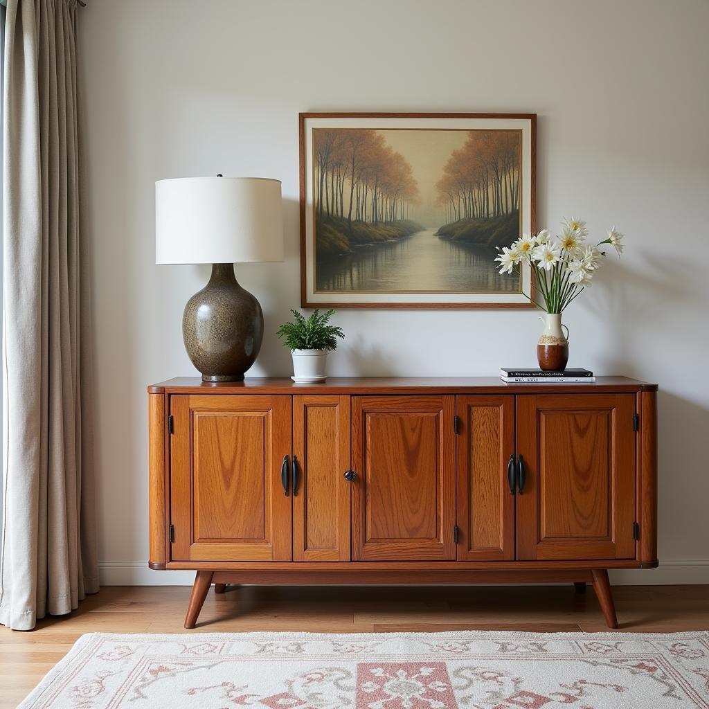 An art nouveau sideboard placed in a contemporary living room setting