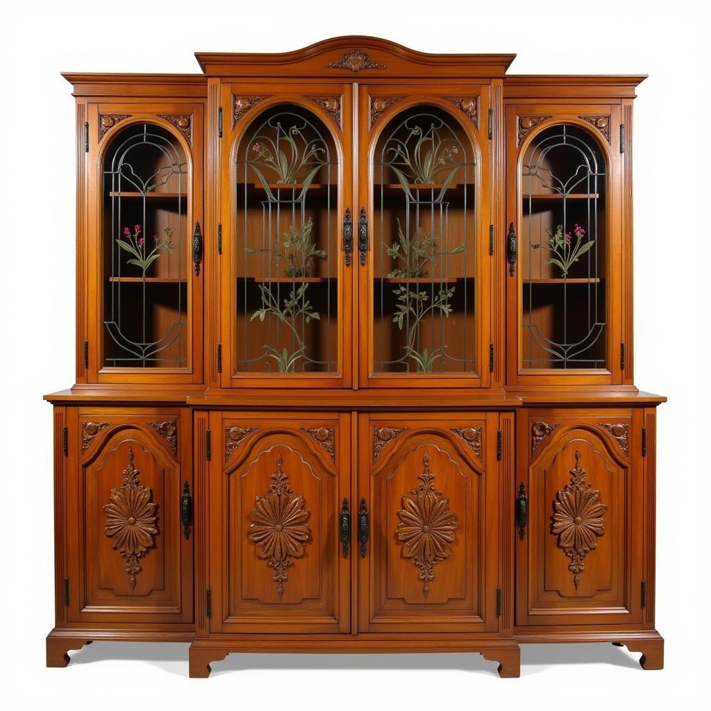 Art Nouveau sideboard with intricate floral carving and stained glass details