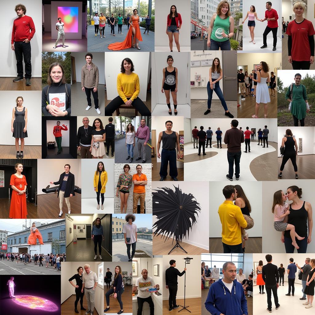 Art Pushing Boundaries: A collage of various art forms that challenge traditional norms, including performance art, installations, and digital art, with a focus on the diverse ways artists push boundaries and spark conversations.