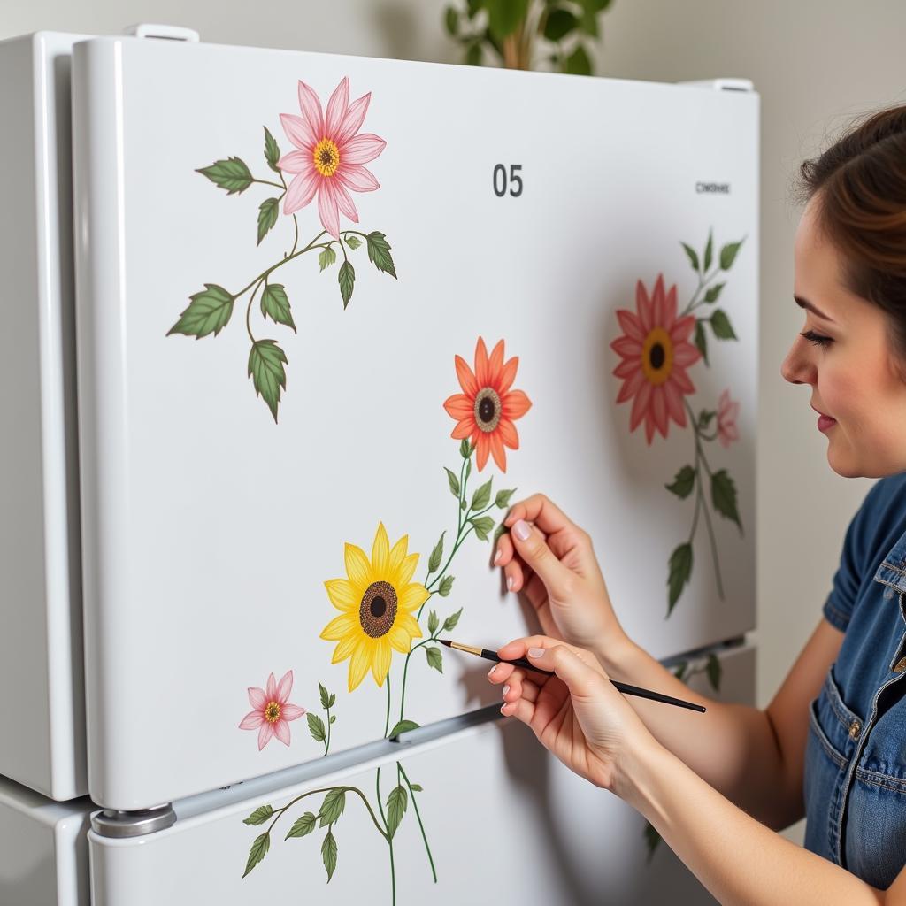 Art Refrigerator Hand-Painted Floral Design