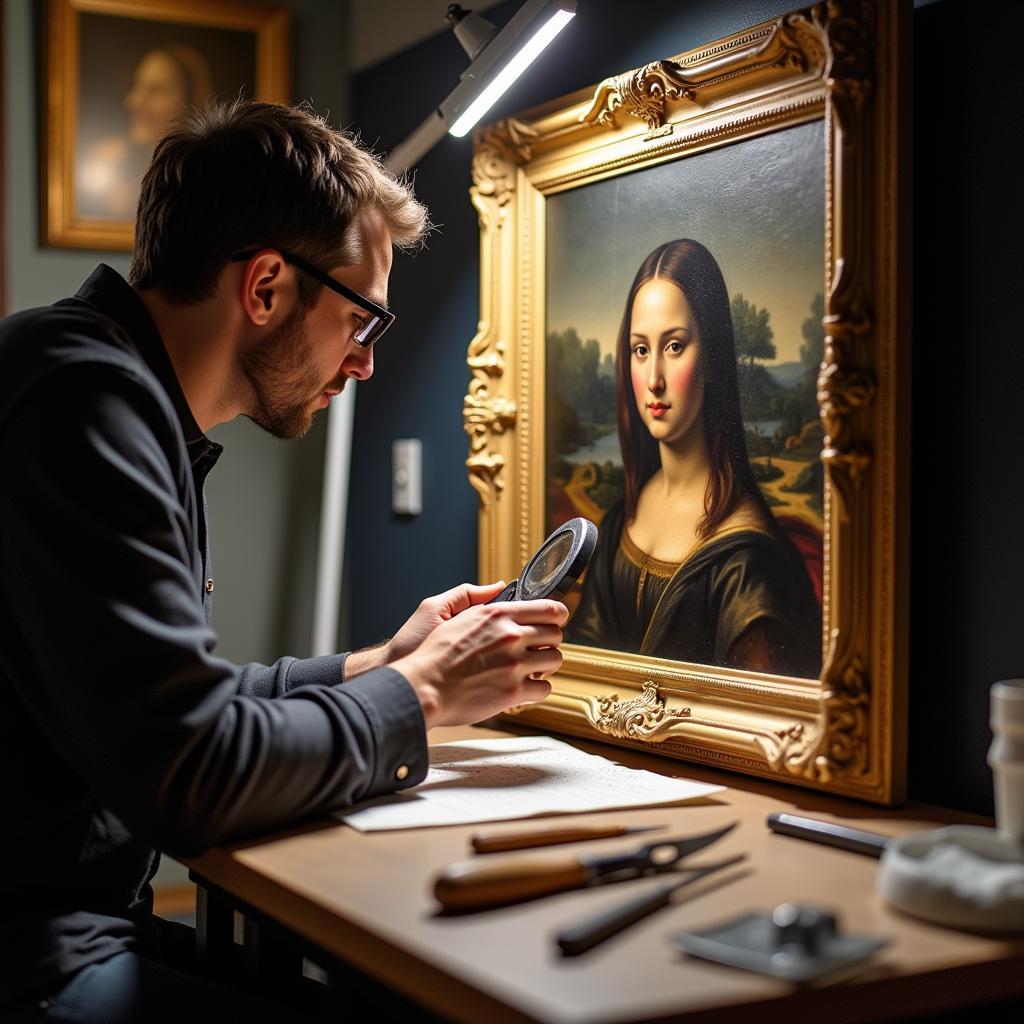 Art Restoration Specialist Examining a Painting in San Francisco