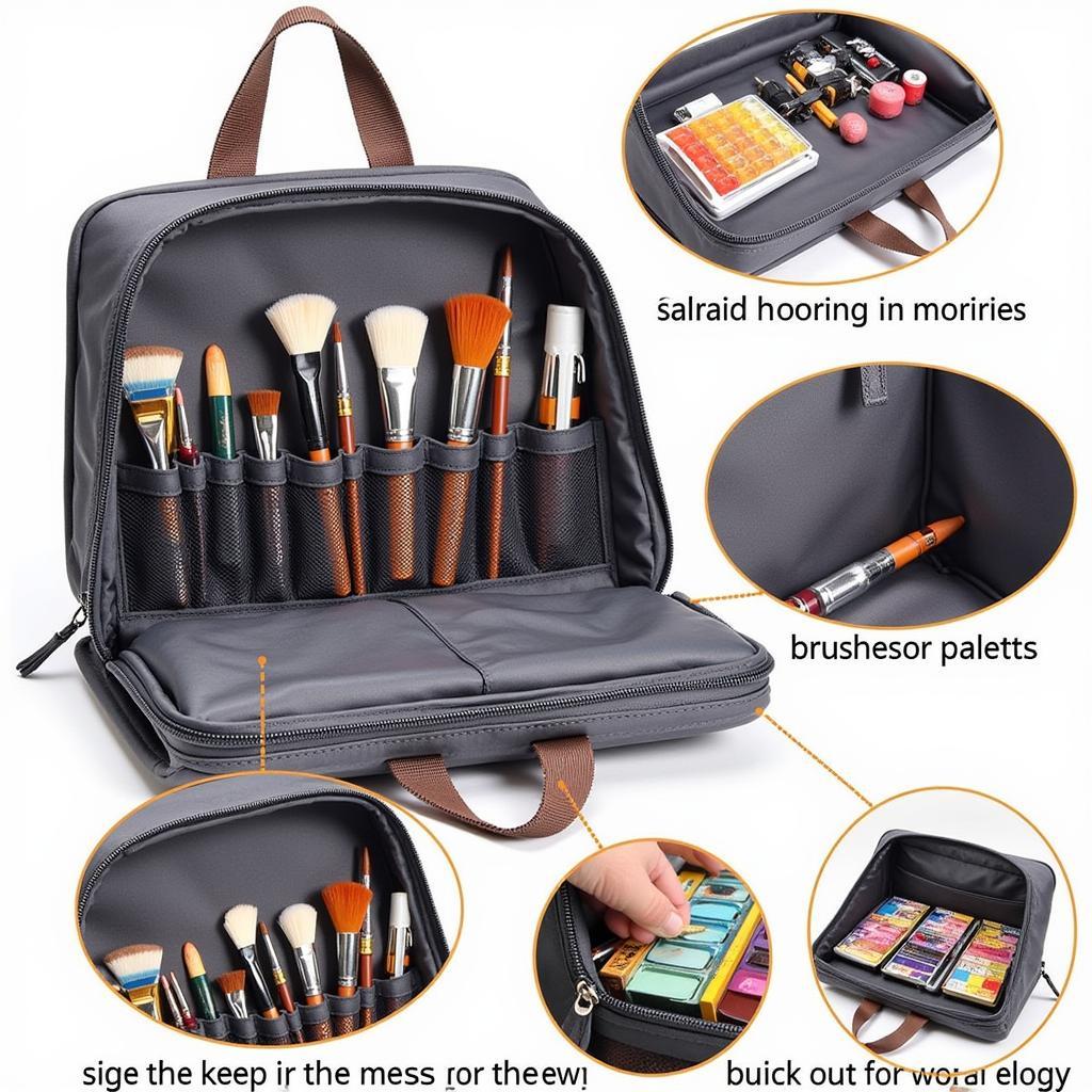 Art supply bag with various compartments and pockets for organization.