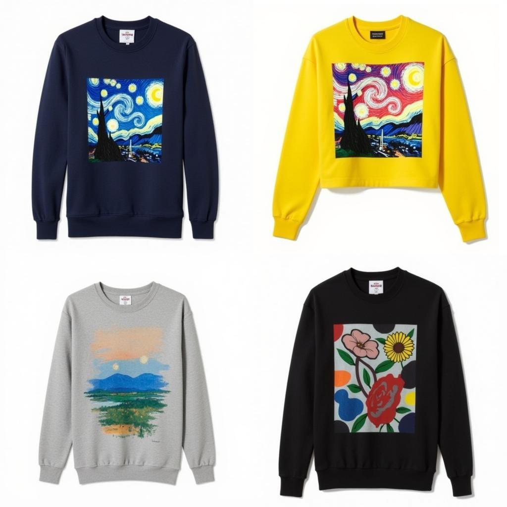 Art Sweatshirt Styles and Trends: A collage showcasing diverse art sweatshirt designs, including classic art reproductions, contemporary graphic art, and abstract patterns, highlighting the variety of styles available.