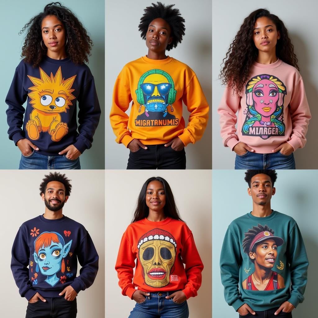 Art Sweatshirts as Self-Expression: Images of individuals wearing art sweatshirts that reflect their personal interests and passions, showcasing the power of wearable art to communicate identity.