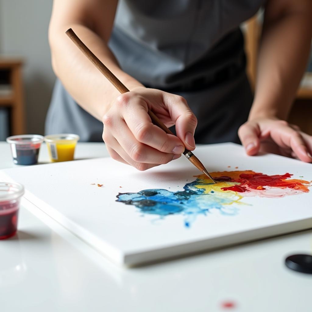 Close-up view of an artist mixing colors on a white palette resting on a white art table, highlighting the accurate color representation and reflection of light.