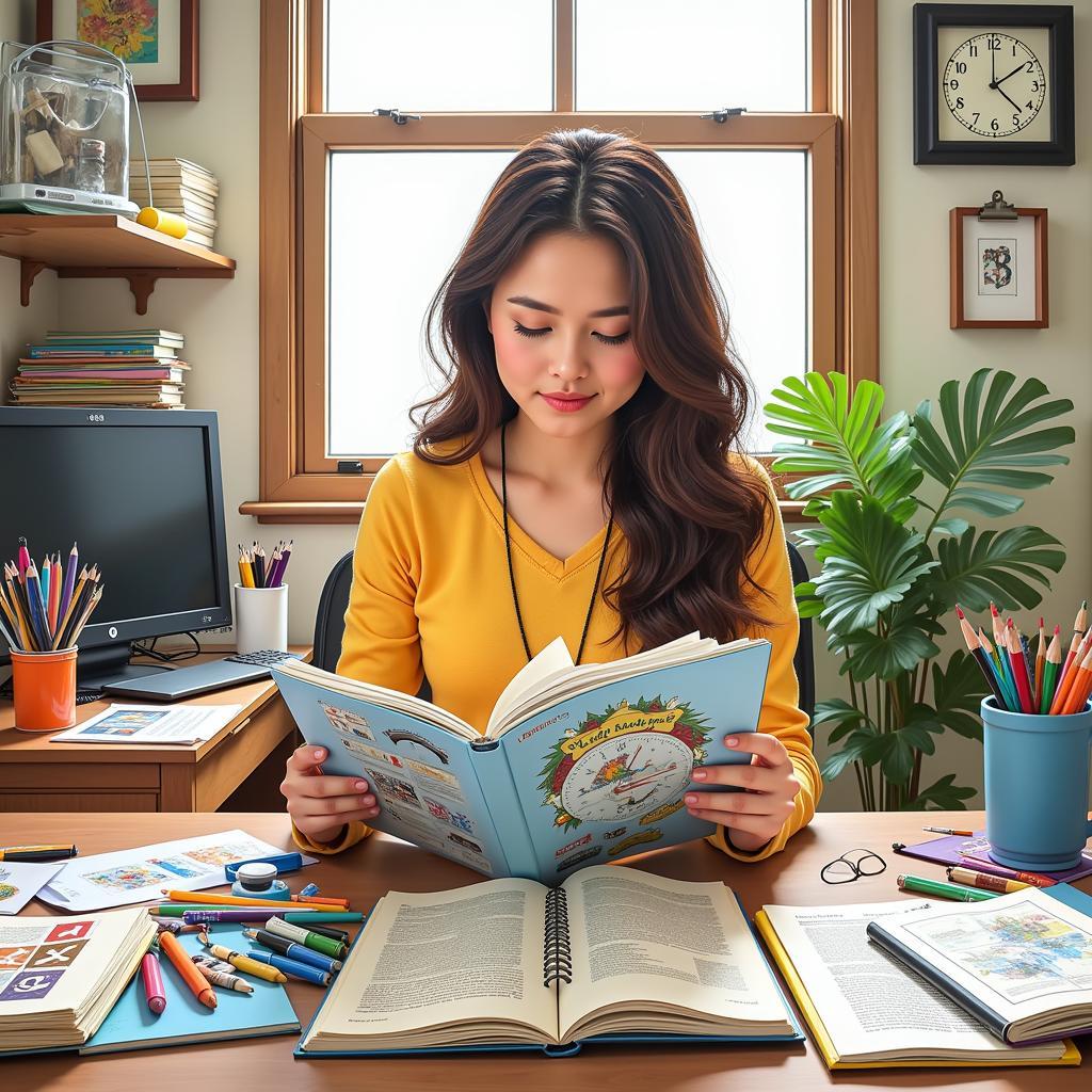 Art Teacher Reviewing School Art Supply Catalogs