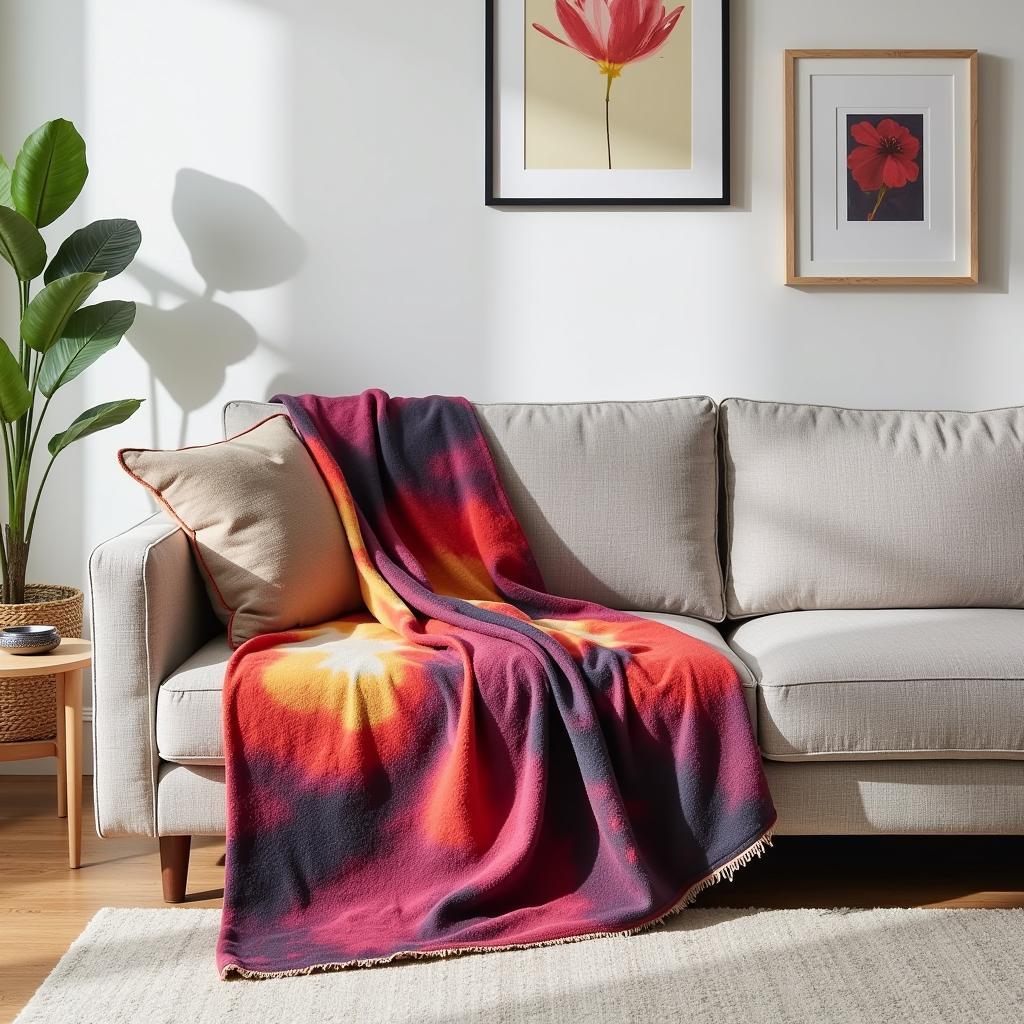 An art throw blanket draped over a sofa in a modern living room, adding a pop of color and visual interest