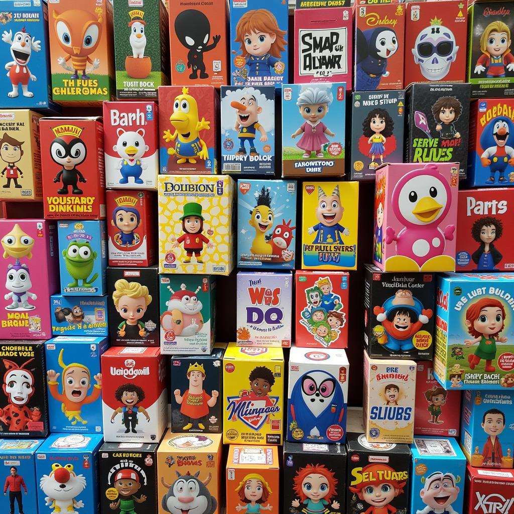 A collection of diverse art toy blind boxes showcasing various designs, characters, and themes.