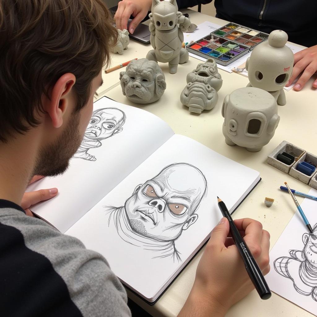 Art Toy Design Process: A designer sketching concepts for a new art toy figure, demonstrating the creative process behind these collectibles.