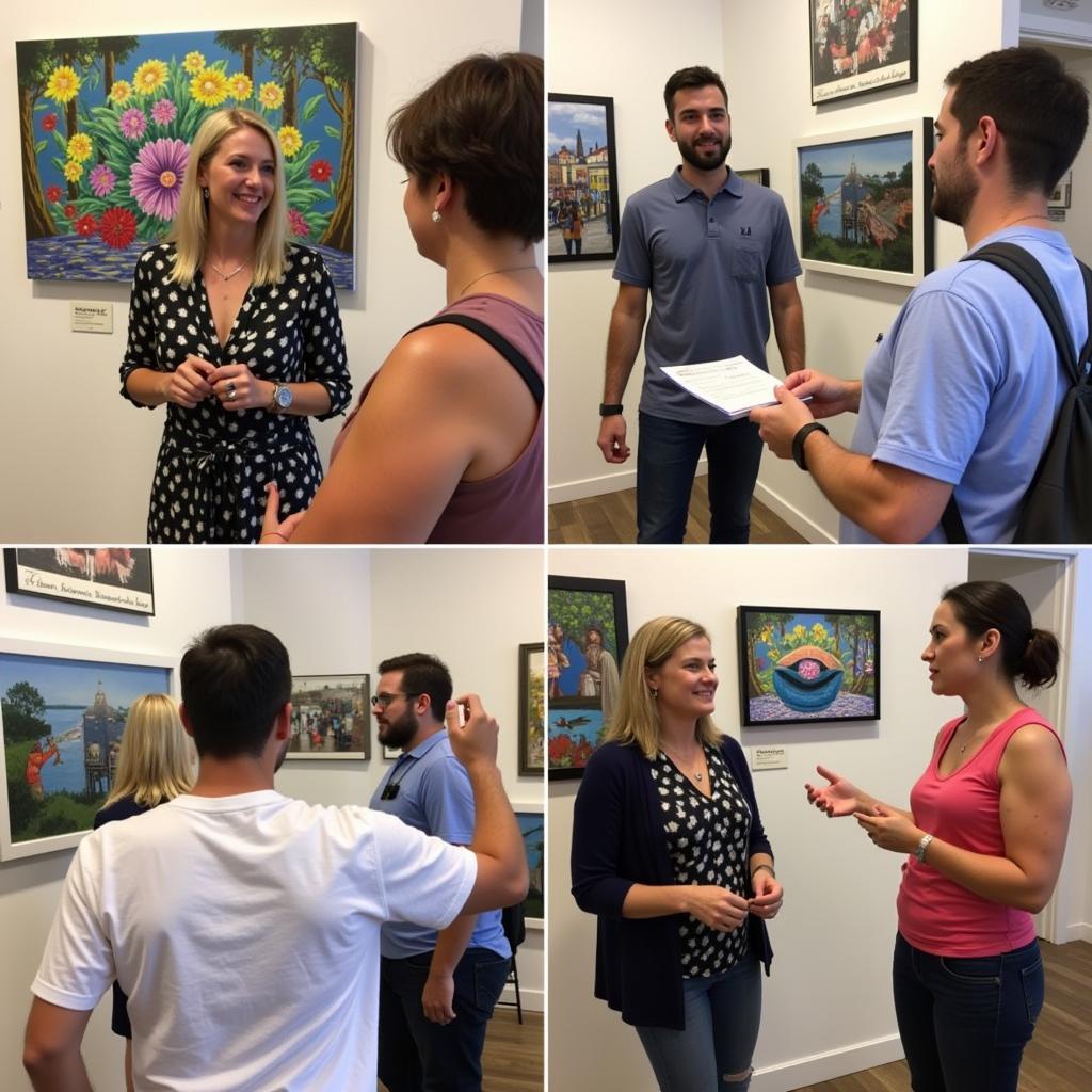 Visitors engaging with artists and discussing artworks during the Art Walk Delray Beach