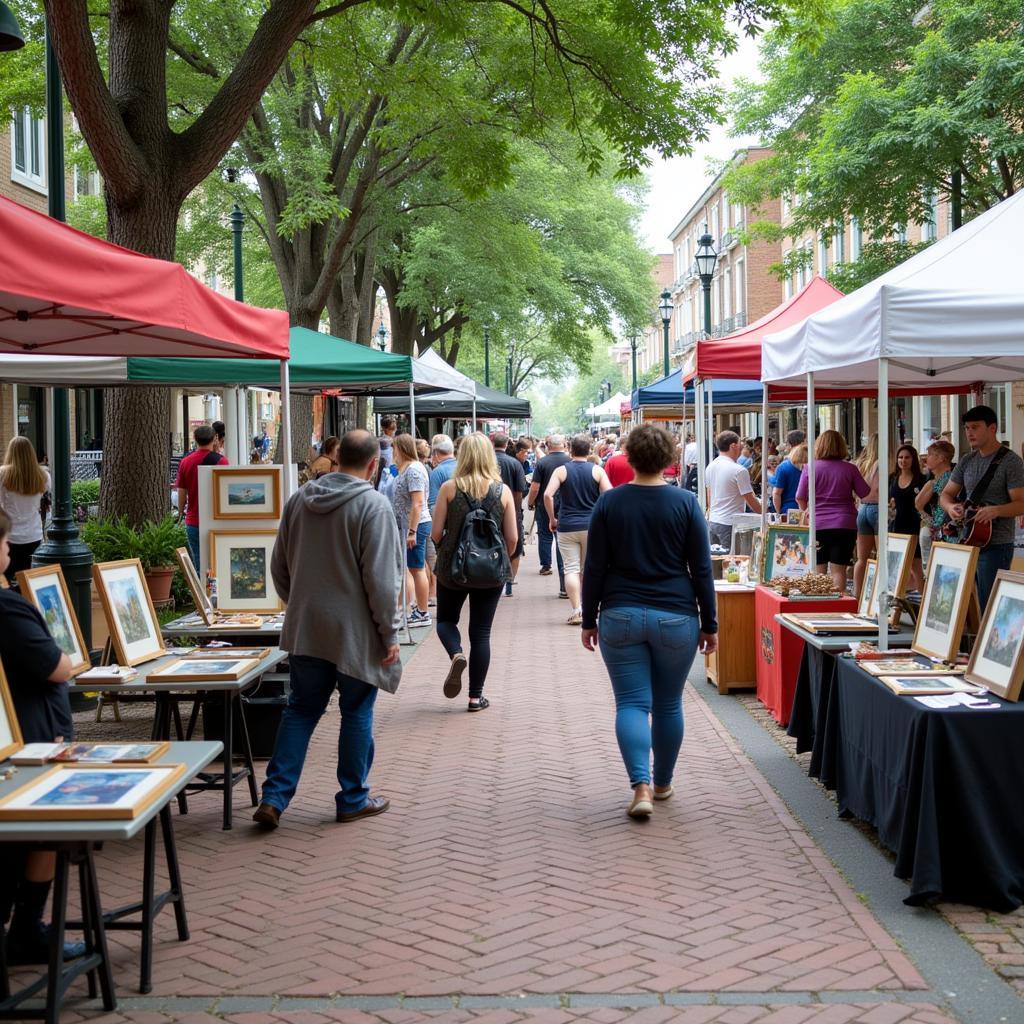 Art Walk Fairhope street scene with artists displaying their work and people browsing