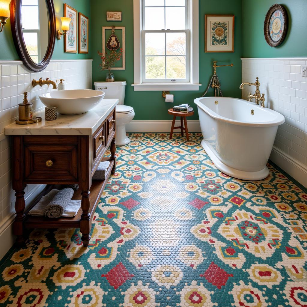 Intricate mosaic arte tiles on a bathroom floor