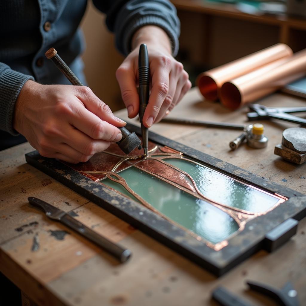 Artist Creating a Stained Glass Panel