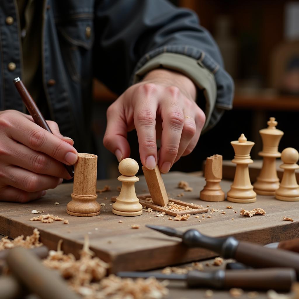 Artist Hand-Carving a Wooden Chess Piece