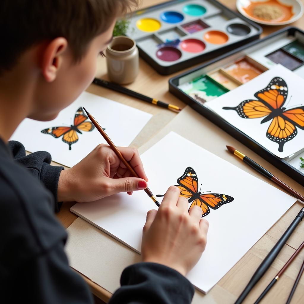 Artist Painting a Butterfly using Watercolor Techniques