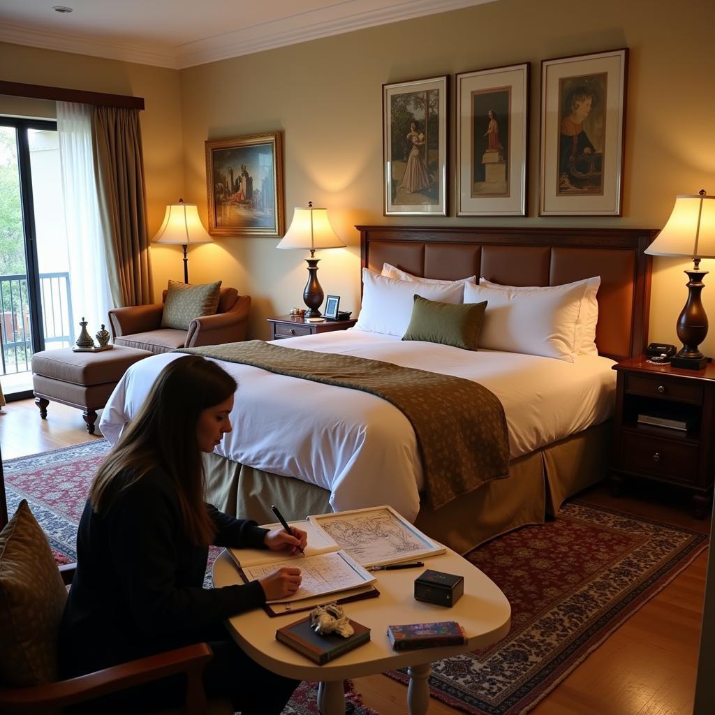 Artist sketching in a hotel room inspired by local art