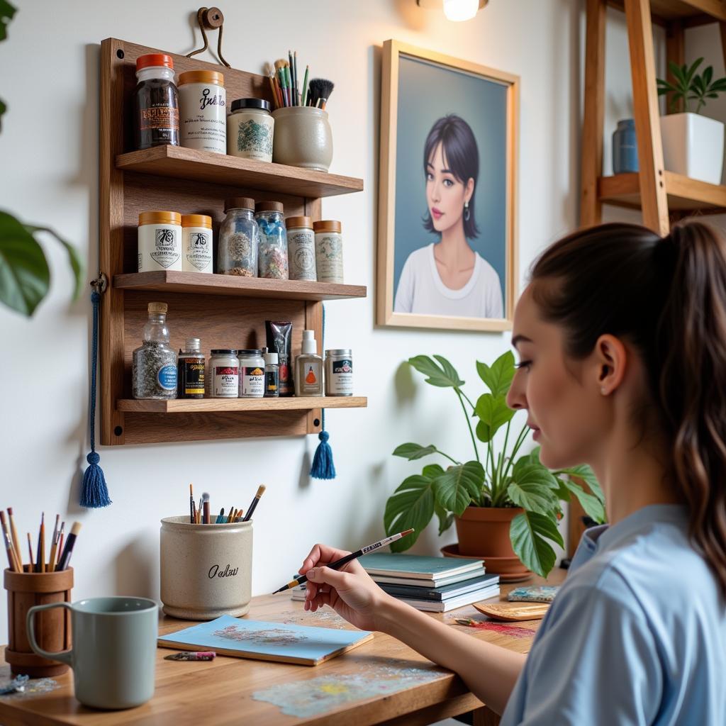 Artist Using a Wall-Mounted Organizer in their Studio