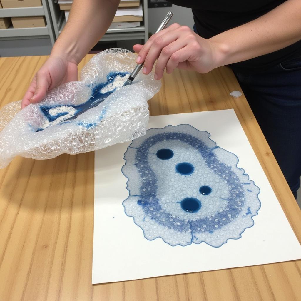 Artist Using Bubble Wrap for Printmaking: An artist uses a piece of bubble wrap to create a textured print.