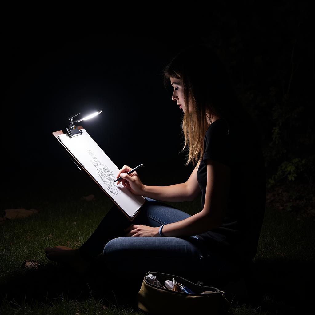 Artist using a large art clipboard with attached light in a night setting.