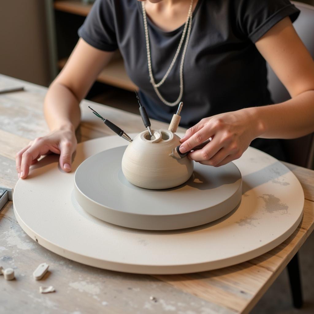 Sculptor using a lazy susan for a 3D project